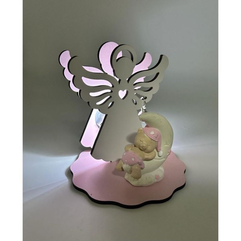 LAMPADA led ANGELO legno ROSA con orsetto 10x10 cm BOMBONIERA