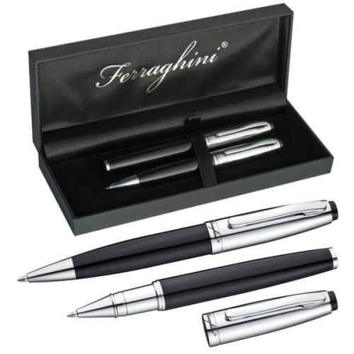 Elegante e classico set penne in metallo. Penna sfera + roller. Refil bl